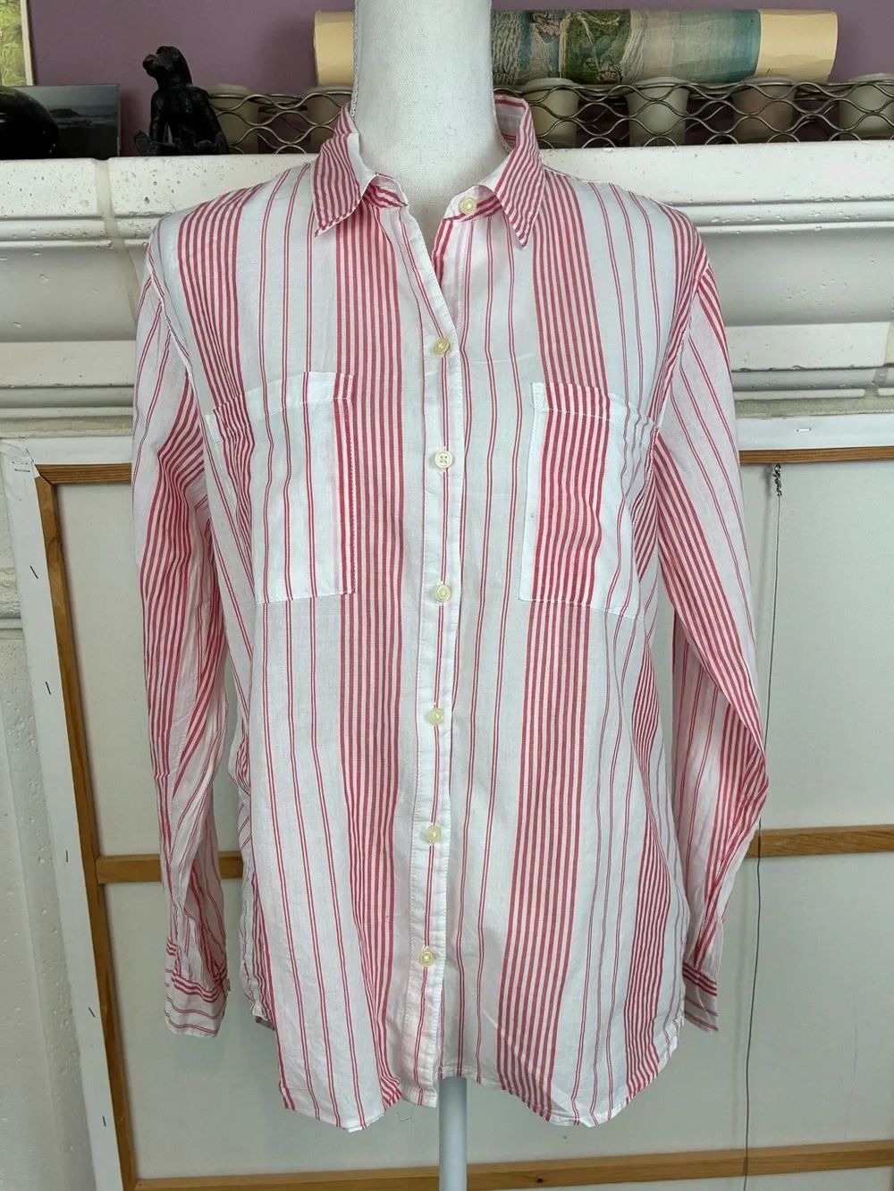 GAP Red & White Cotton Striped Long-Sleeve Button-Down Shirt